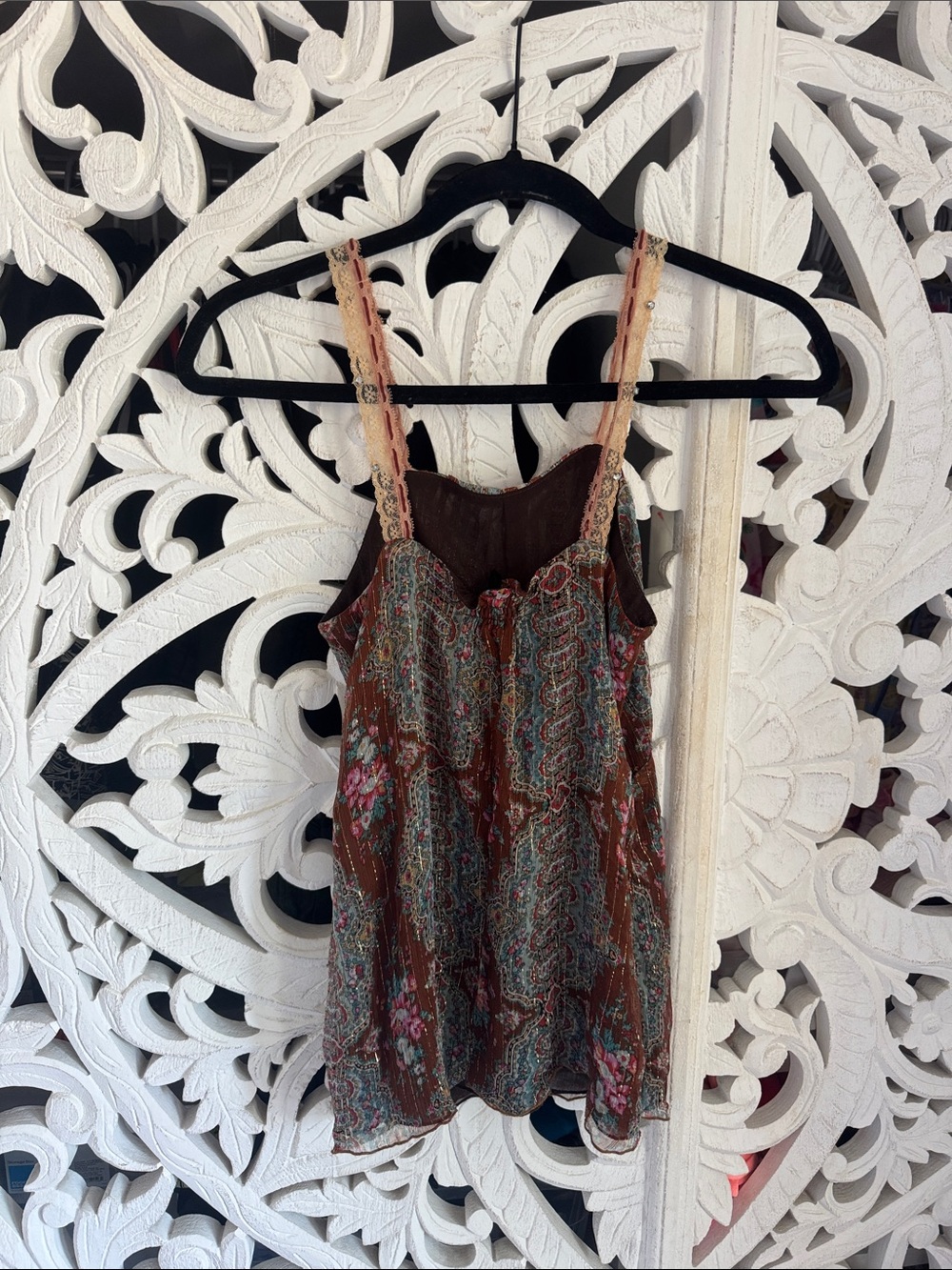 Vintage Y2K Silk Paisley Cami Rhinestone Lace Straps S - Picture 2 of 5